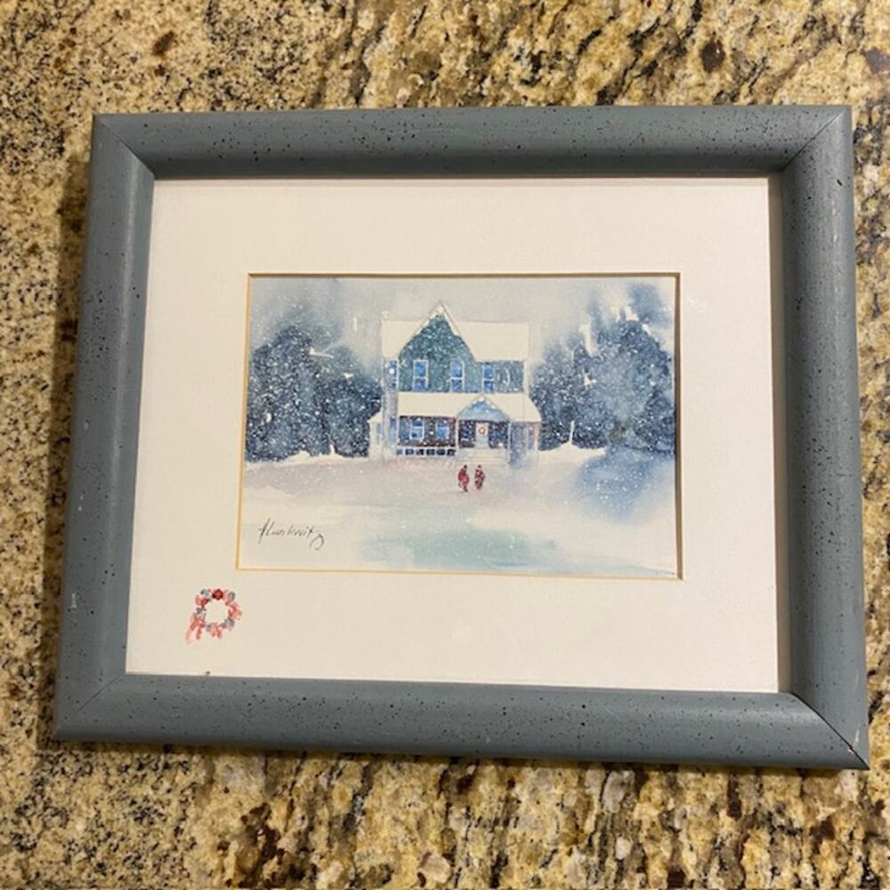 Helga Lunkwitz Signed Hand Painted Orig. Watercolor‎ Framed Matted House in Snow